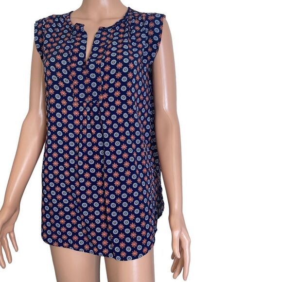 LOFT women's Navy blue geometrical pattern sleeveless lightweight blouse SZ M - Picture 4 of 7